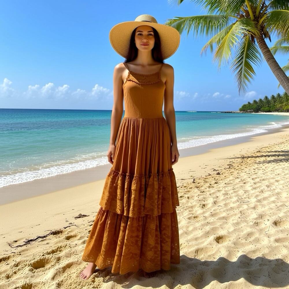 mia joy S/14 Burnt Orange Lace Layered Maxi Dress Sleeveless Strappy Round Neck